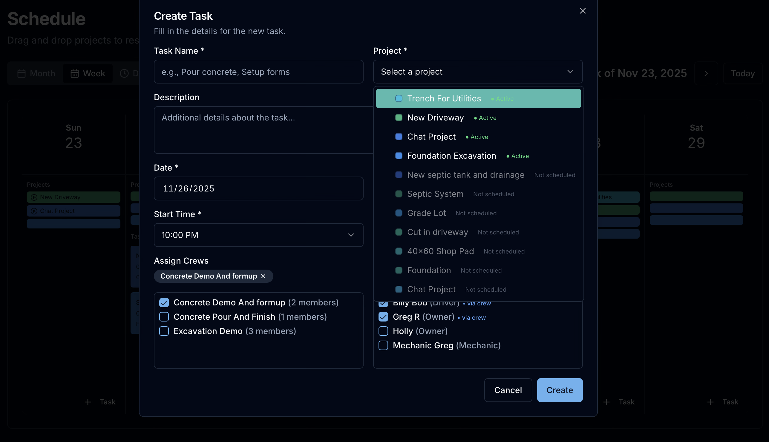 Create task dialog showing project selection and crew assignment options
